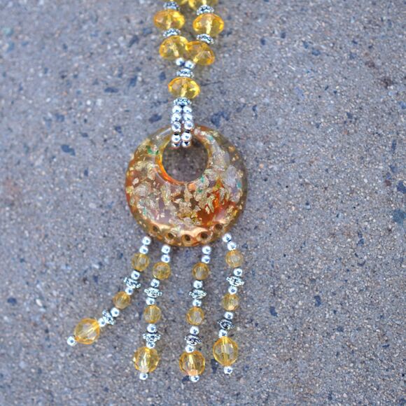 Handmade Gold Beaded Necklace Resin Donut Pendant Boho Statement Jewelry - Picture 2 of 4